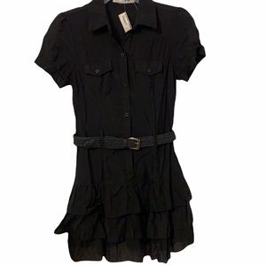 Black linen Belted Ruffle skirt Dress - Medium NWT